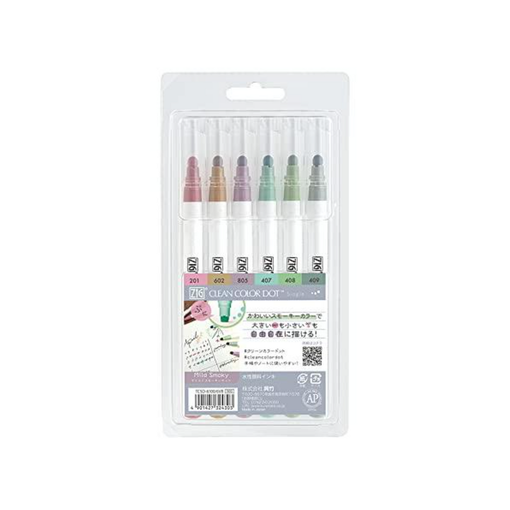 Markers Kuretake ZIG Clean Color Dot Markers - 6 Smoky Color Set KURETAKE TCSD-6100/6VB