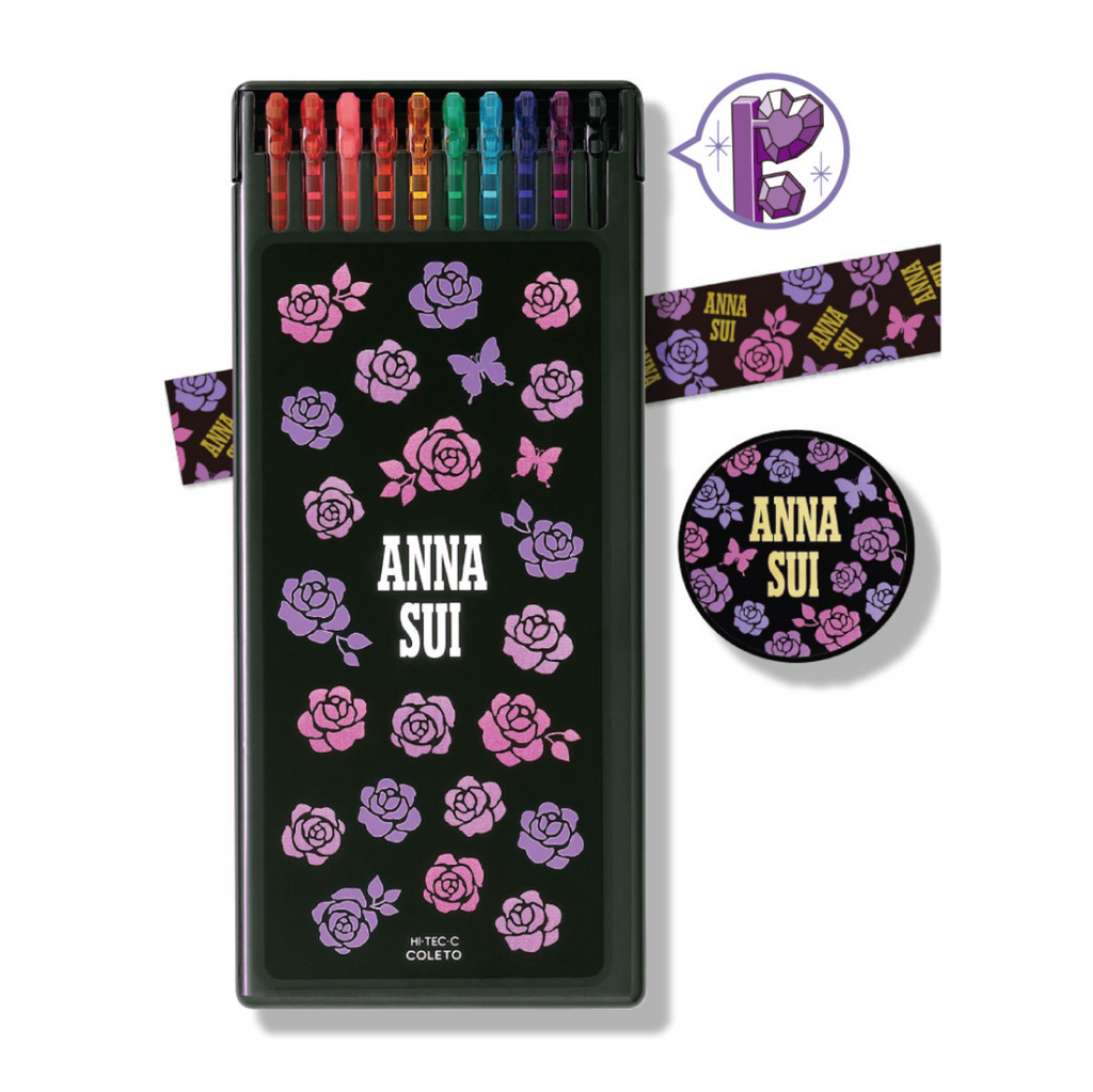 Gel Pen Refills Pilot Hi-Tec-C Coleto Multi Pen 10 Color Refill and Washi Tape Set - Anna Sui Limited Edition - Black Rose - 0.4 mm PILOT LHKRF-C4A10C-BR