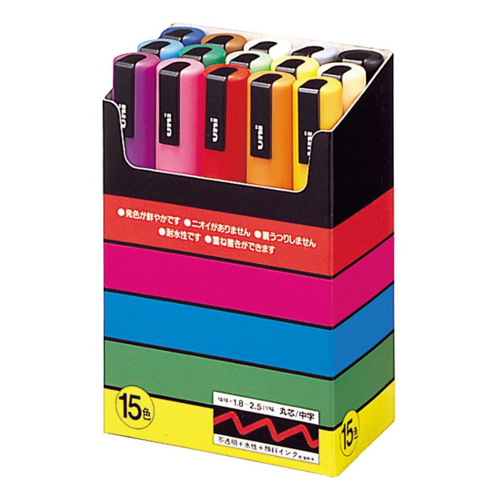Uni Posca PC - 5M Paint Markers - Medium Tip - 15 Color Set - 2.5 mm - UNI PC5M15C - IRO