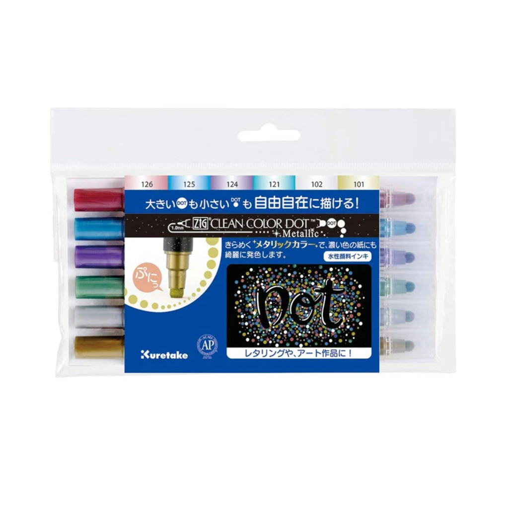 Kuretake ZIG Clean Color Dot Dual - Tip Markers - 6 Metallic Color Set - KURETAKE TC - 8100/6V - IRO