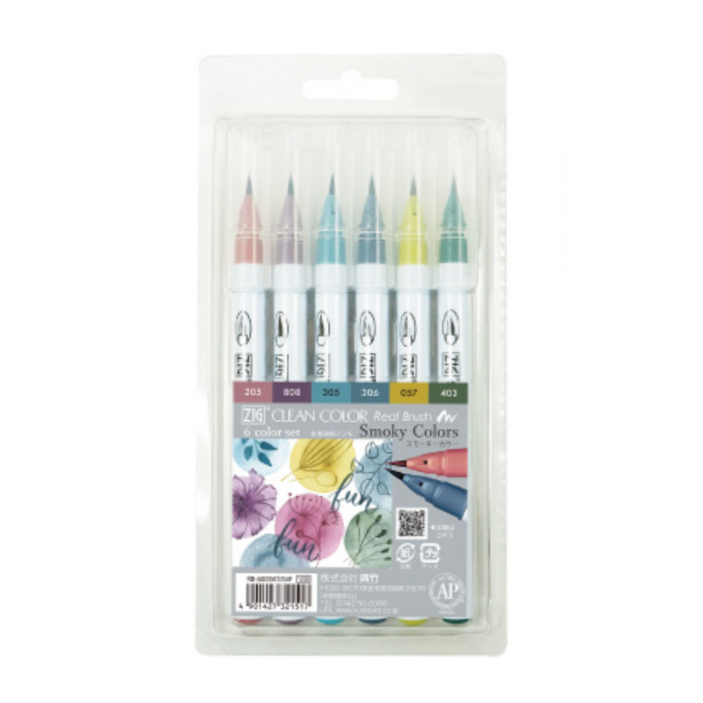 Brush Pens Kuretake Zig Clean Color Real Watercolor Brush Pen - 6 Smoky Color Set KURETAKE RB-6000AT/6VF