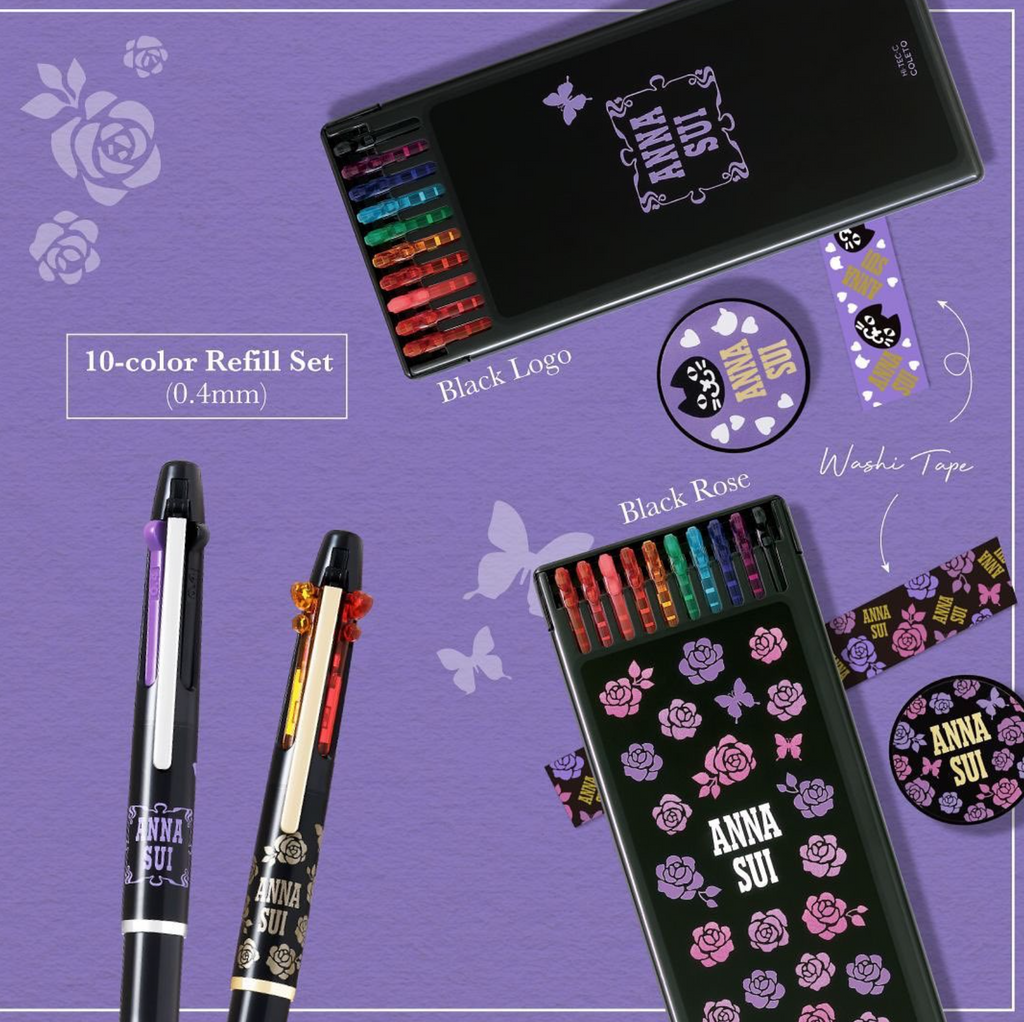 Pilot Hi - Tec - C Coleto Multi Pen 10 Color Refill and Washi Tape Set - Anna Sui Limited Edition - Black Rose - 0.4 mm - PILOT LHKRF - C4A10C - BR - IRO