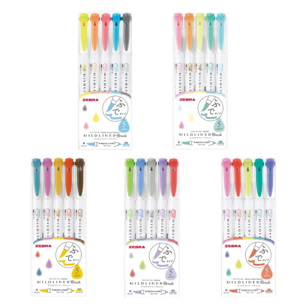 Brush Pens Zebra Mildliner Double-Sided Brush Pen - Bullet Tip / Brush - 5 Color Set Cool Color ZEBRA WFT8-5C-NC