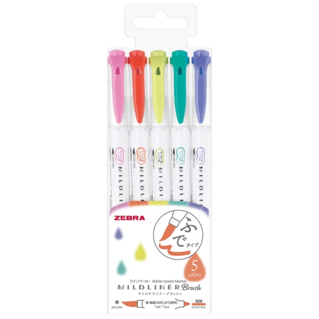 Zebra Mildliner Double - Sided Brush Pen - Bullet Tip / Brush - 5 Color Set - ZEBRA WFT8 - 5C - HC - N - IRO