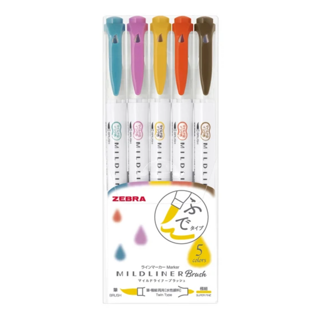 Zebra Mildliner Double - Sided Brush Pen - Bullet Tip / Brush - 5 Color Set - ZEBRA WFT8 - 5C - RC - N - IRO