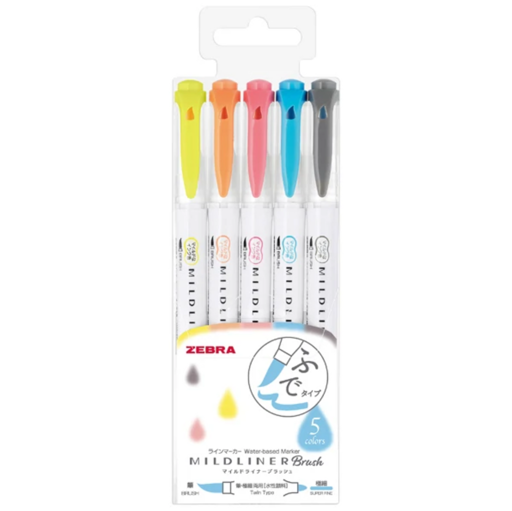 Zebra Mildliner Double - Sided Brush Pen - Bullet Tip / Brush - 5 Color Set - ZEBRA WFT8 - N - 5C - N - IRO